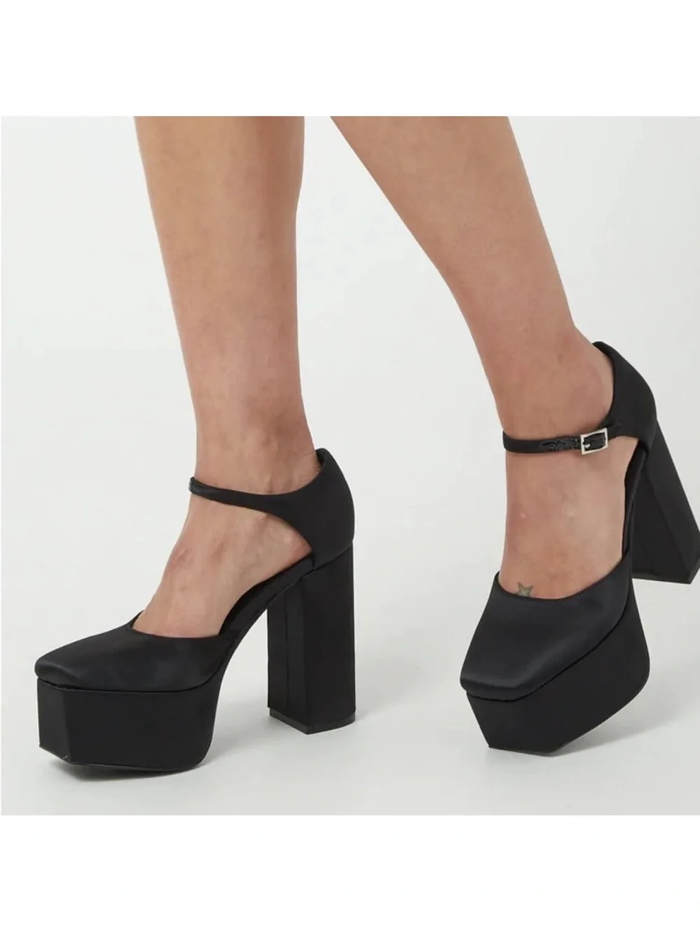 Jeffrey Campbell Ovr-N-Out Black Satin Ankle Strap Platform Pump Heel Size 9.5